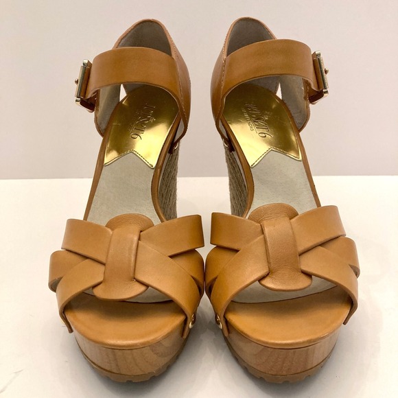 Michael Kors Somerly Wedge Espadrille Sandals Brown Leather Womens 7M Heels Shoe - Picture 3 of 11